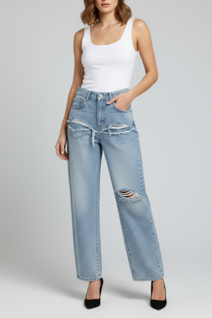 JEANS VITA ALTA CON STRAPPI E STRASS