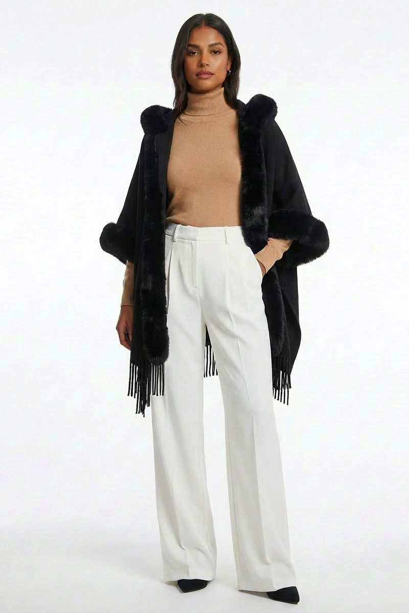 PONCHO CON CAPPUCCIO E BORDI IN ECO FUR