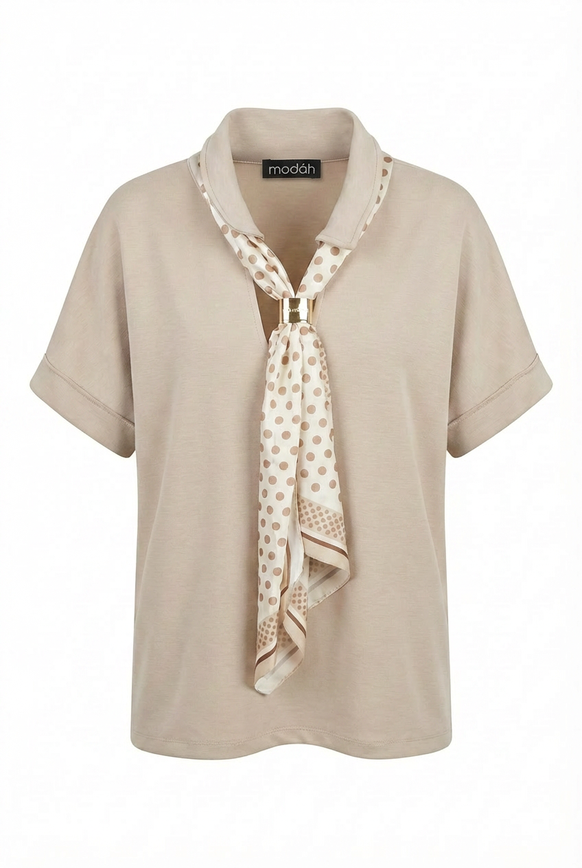 Blusa in Jersey con Foulard a Pois e Fermaglio Dorato