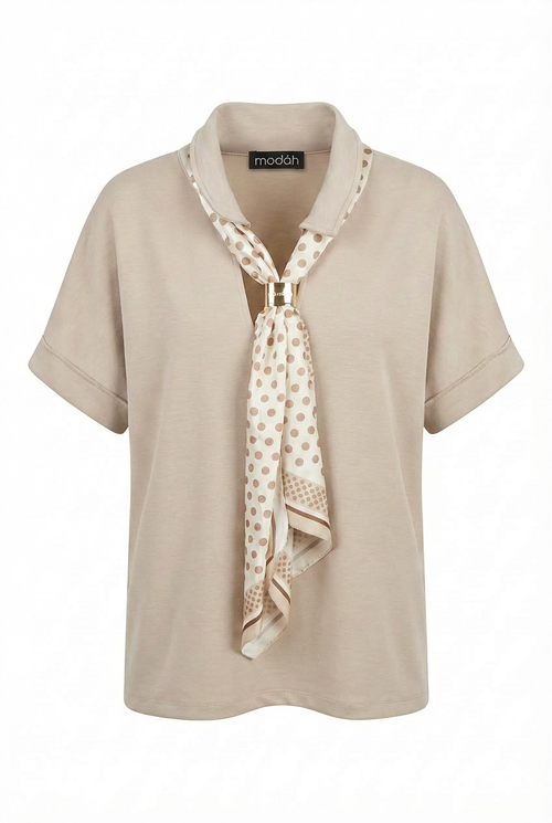 Blusa in Jersey con Foulard a Pois e Fermaglio Dorato