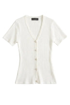 Cardigan a Costine con Scollo a V e Bottoni Perla
