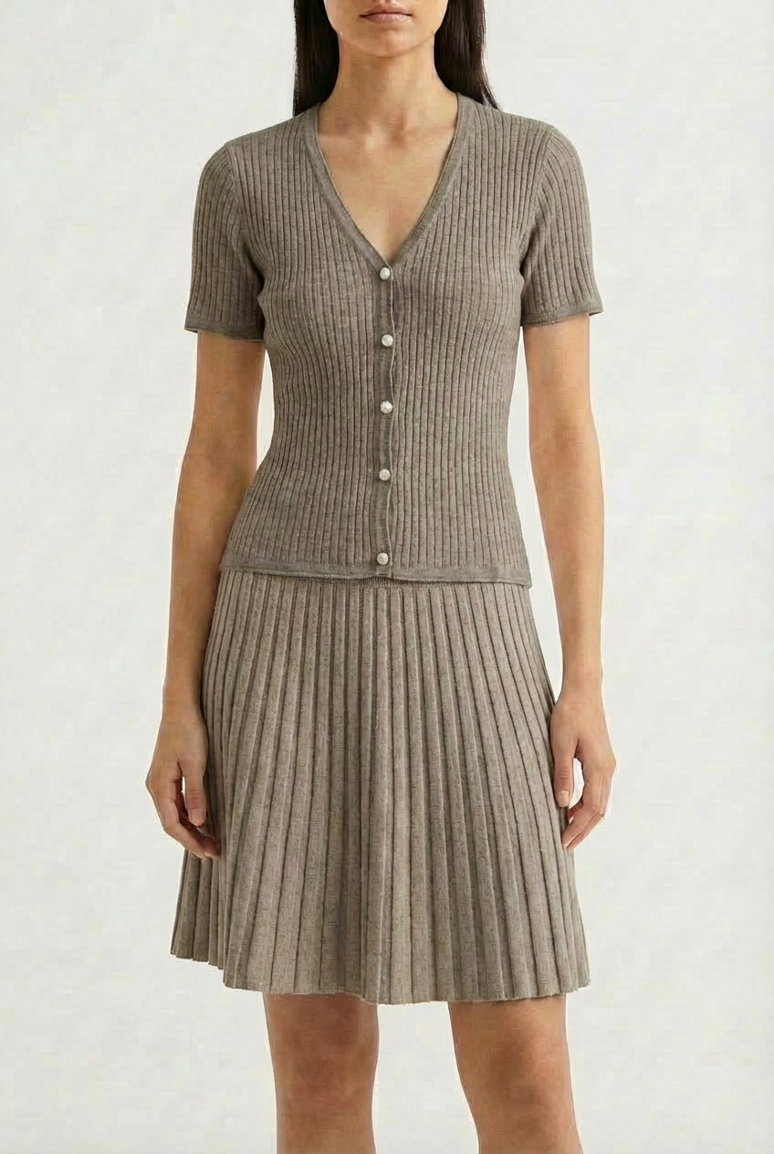 Cardigan a Costine con Scollo a V e Bottoni Perla