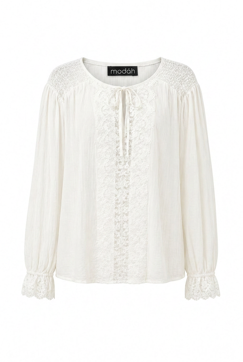 Blusa Boho-Chic con Inserti in Pizzo BIANCO