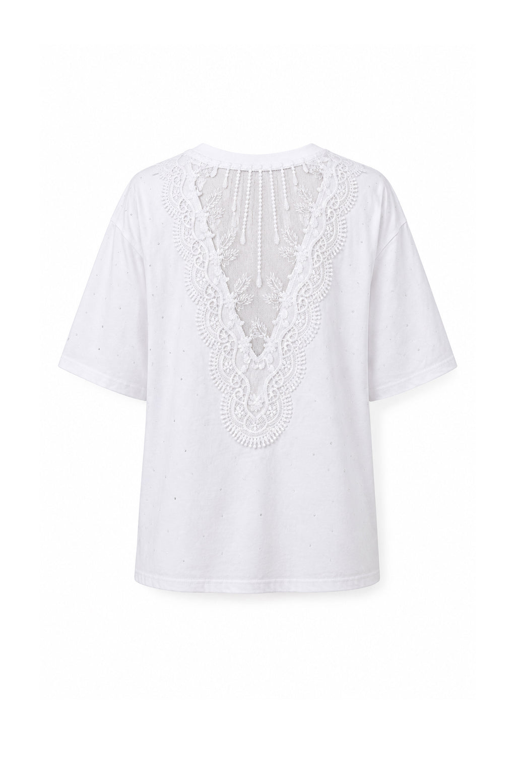 T-Shirt Bianca con Strass e Retro in Pizzo