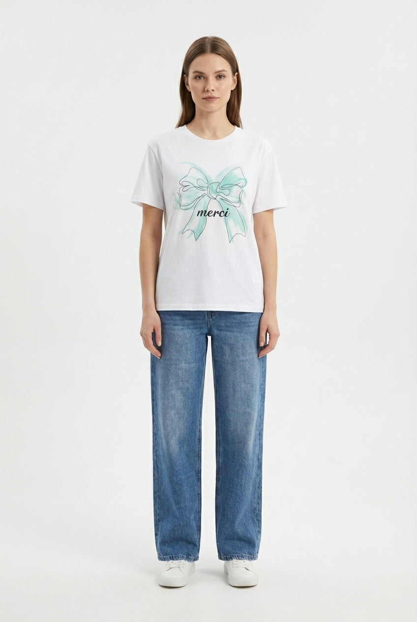 T-shirt "Merci" con Fiocco Artistico