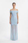 Abito in Tulle Drappeggiato con Spalle Velate Celeste