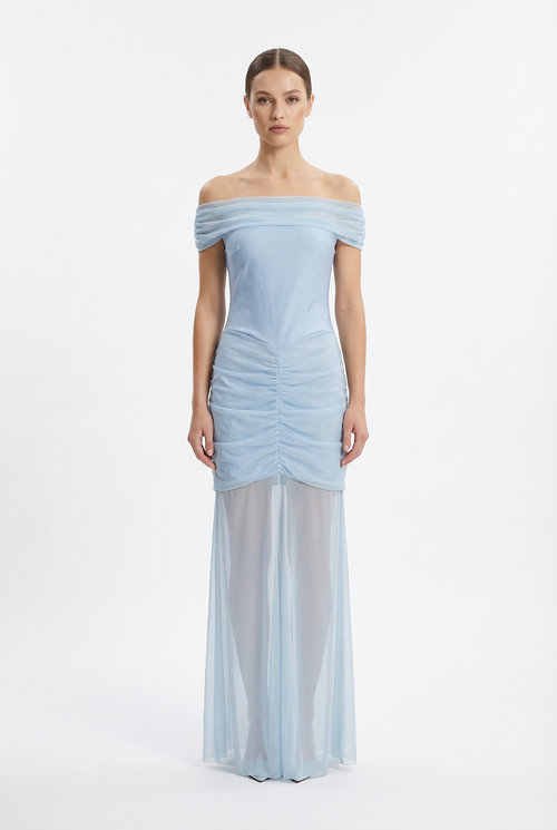 Abito in Tulle Drappeggiato con Spalle Velate Celeste