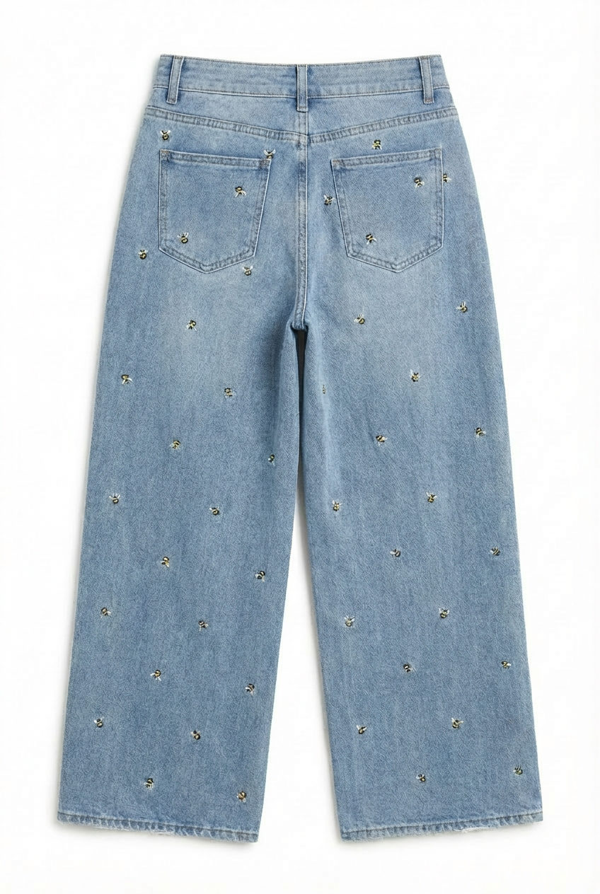 Jeans Larghi con Ape Ricamati