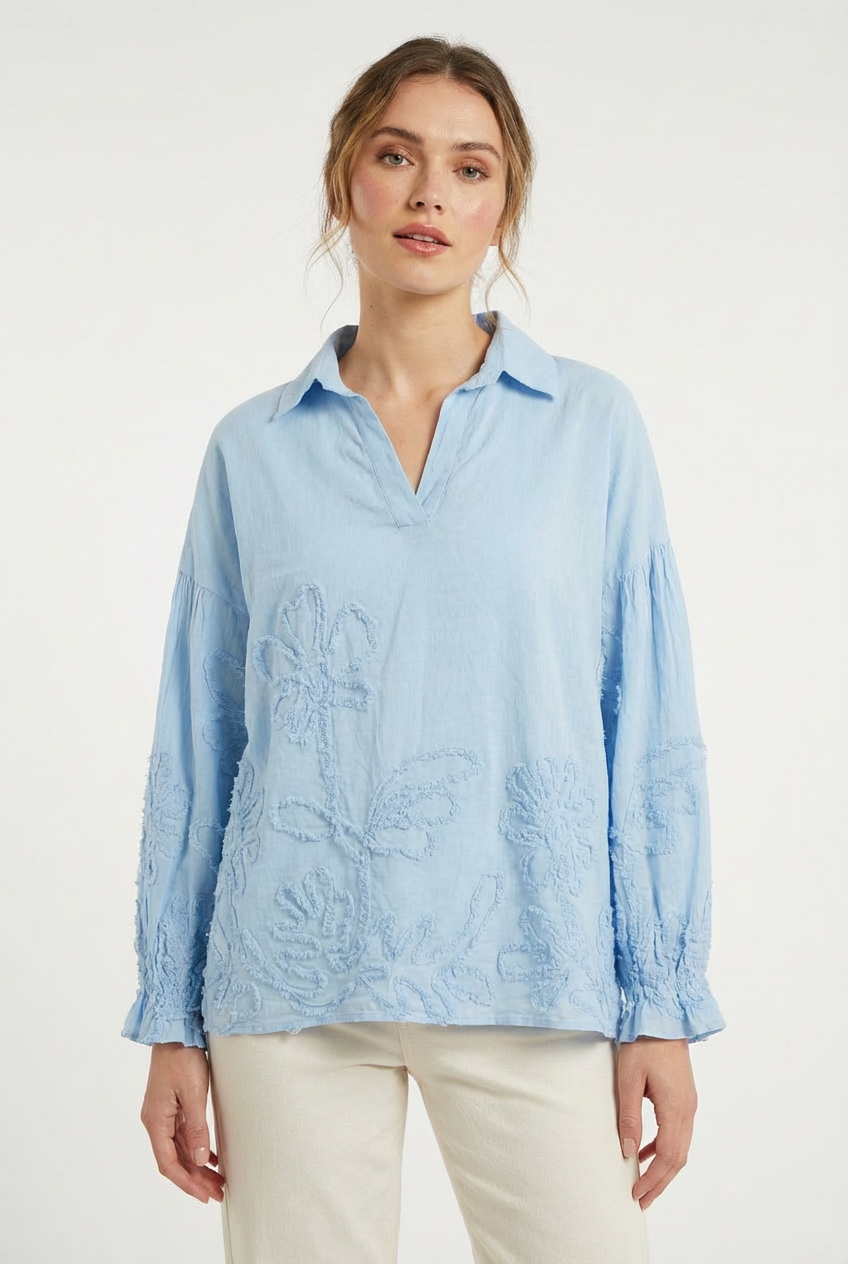 Blusa Relaxed Fit con Ricami Floreali in Rilievo