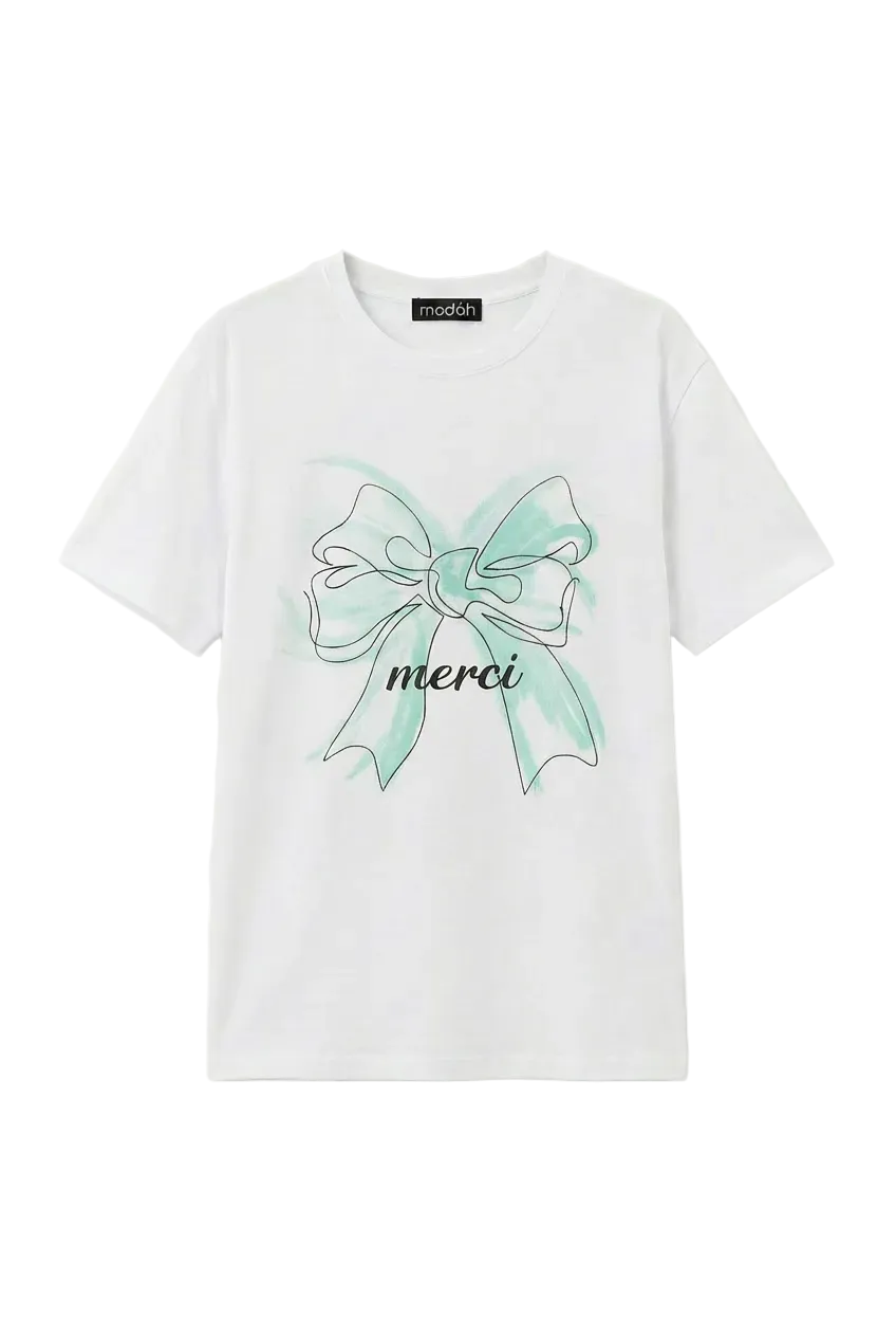 T-shirt "Merci" con Fiocco Artistico verde acqua