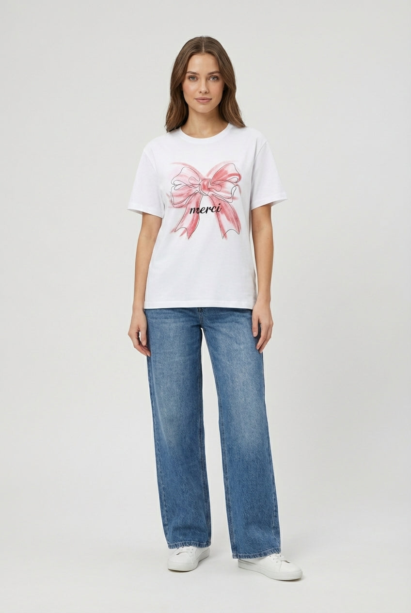 T-shirt "Merci" con Fiocco Artistico