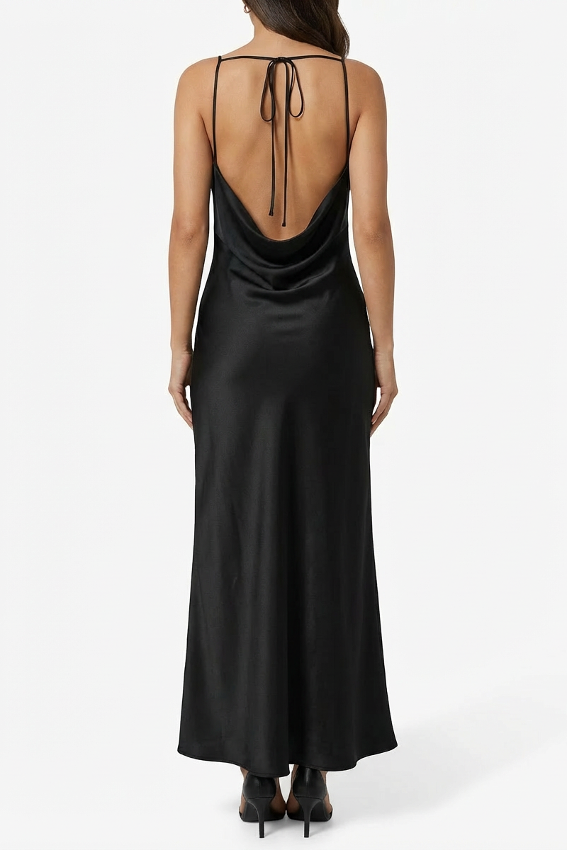 Abito Lungo Satin con Scollo Drappeggiato