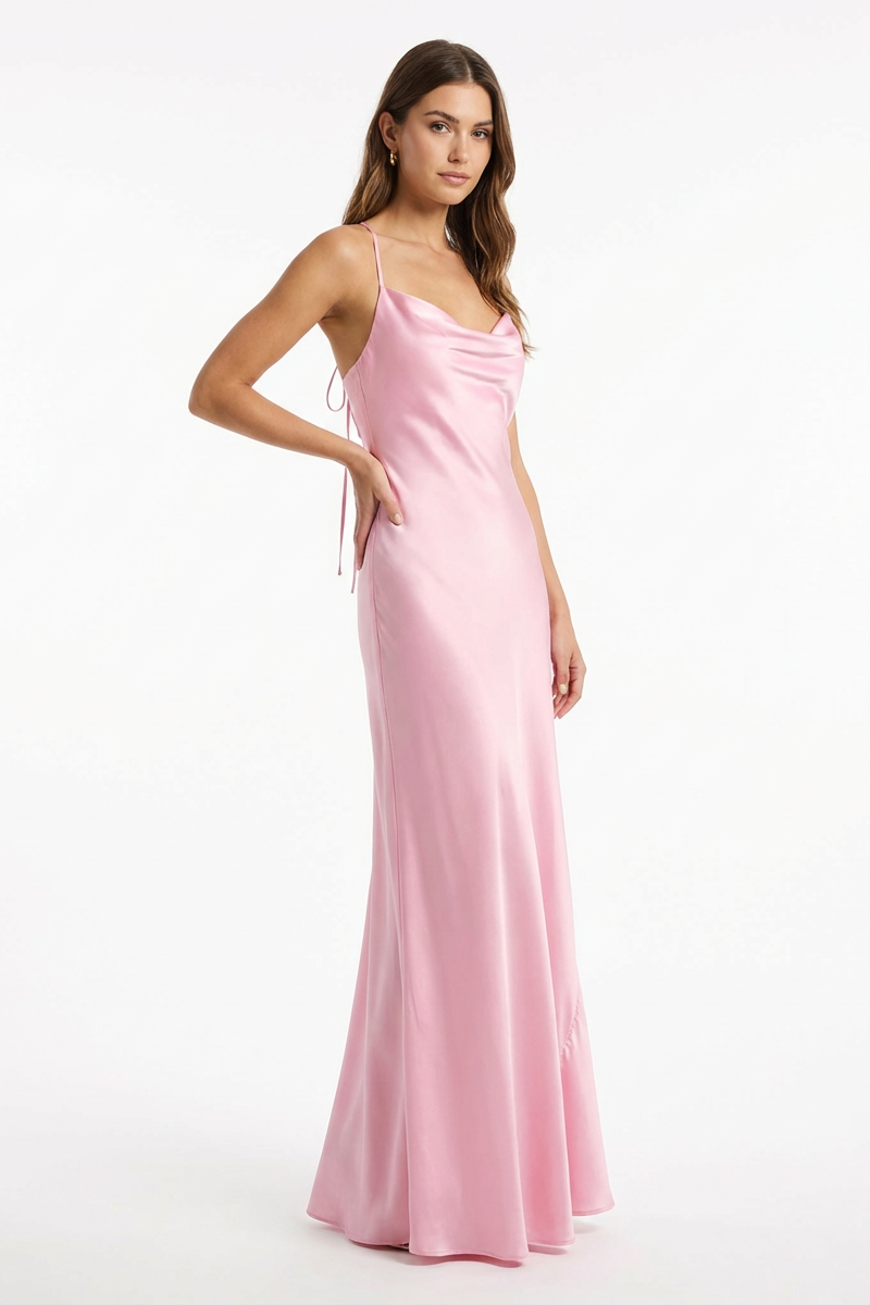 Abito Lungo Satin con Scollo Drappeggiato