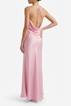 Abito Lungo Satin con Scollo Drappeggiato