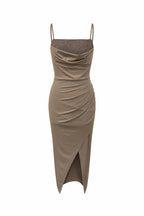 Abito Midi Drappeggiato in Jersey Grigio-Marrone con Corpetto in Pizzo