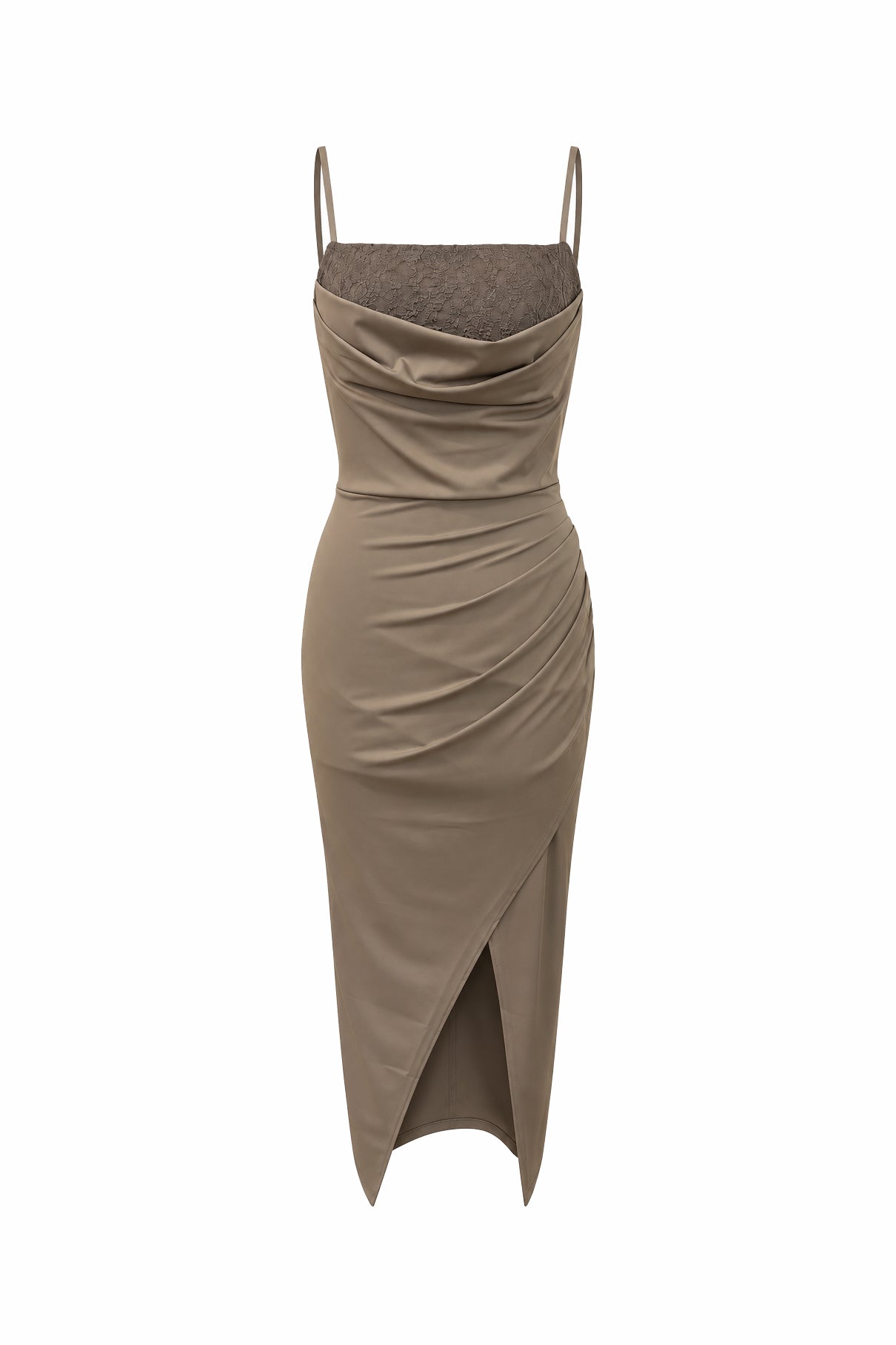 Abito Midi Drappeggiato in Jersey Grigio-Marrone con Corpetto in Pizzo