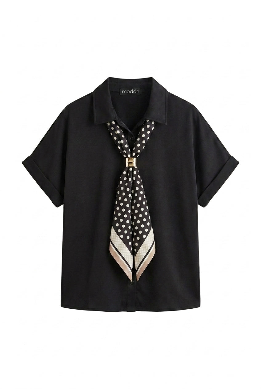 Blusa in Jersey con Foulard a Pois e Fermaglio Dorato