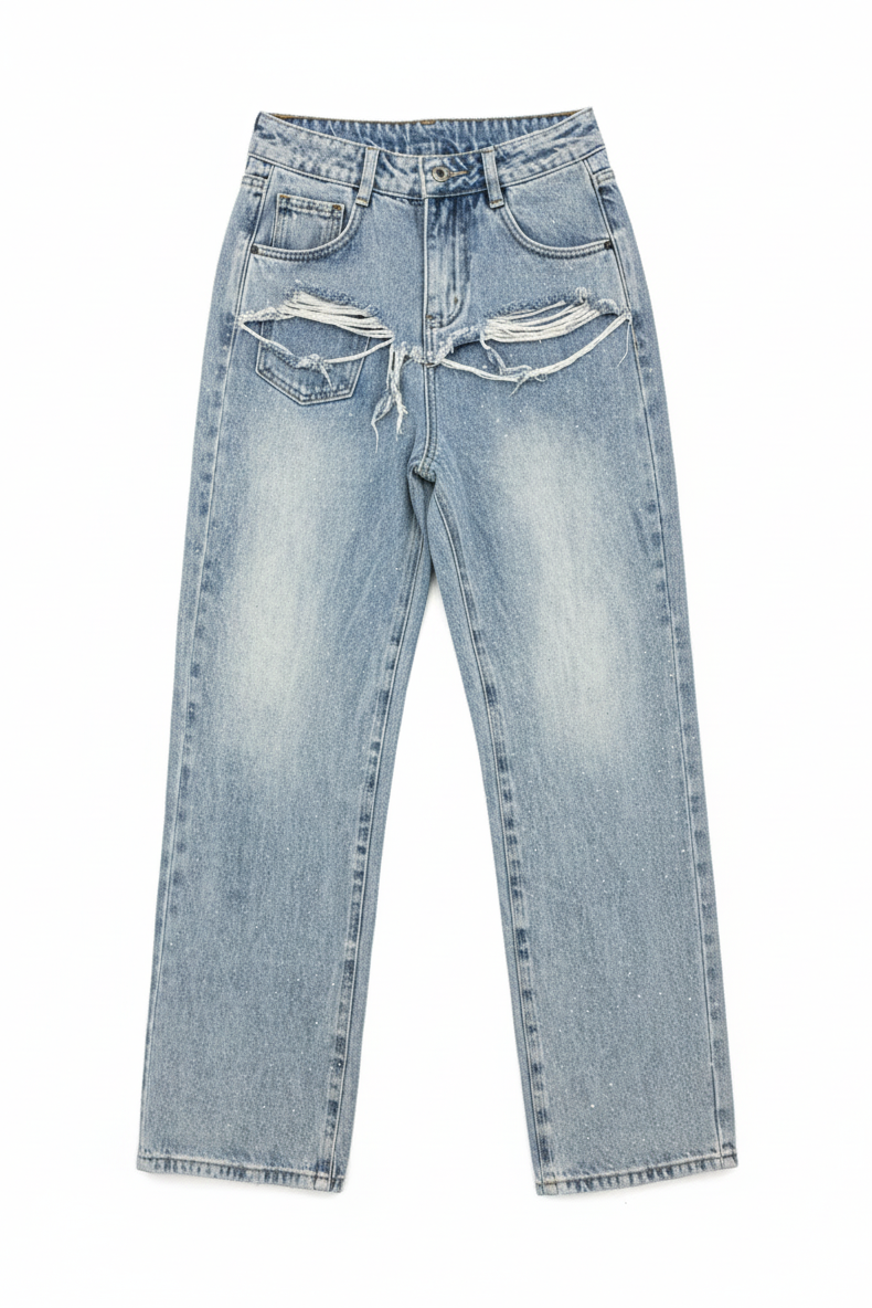 JEANS VITA ALTA CON STRAPPI E STRASS