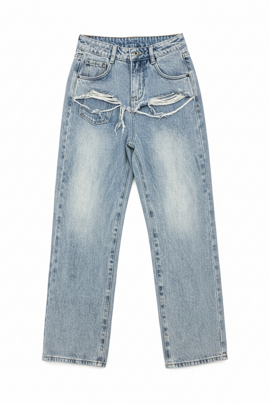 JEANS VITA ALTA CON STRAPPI E STRASS