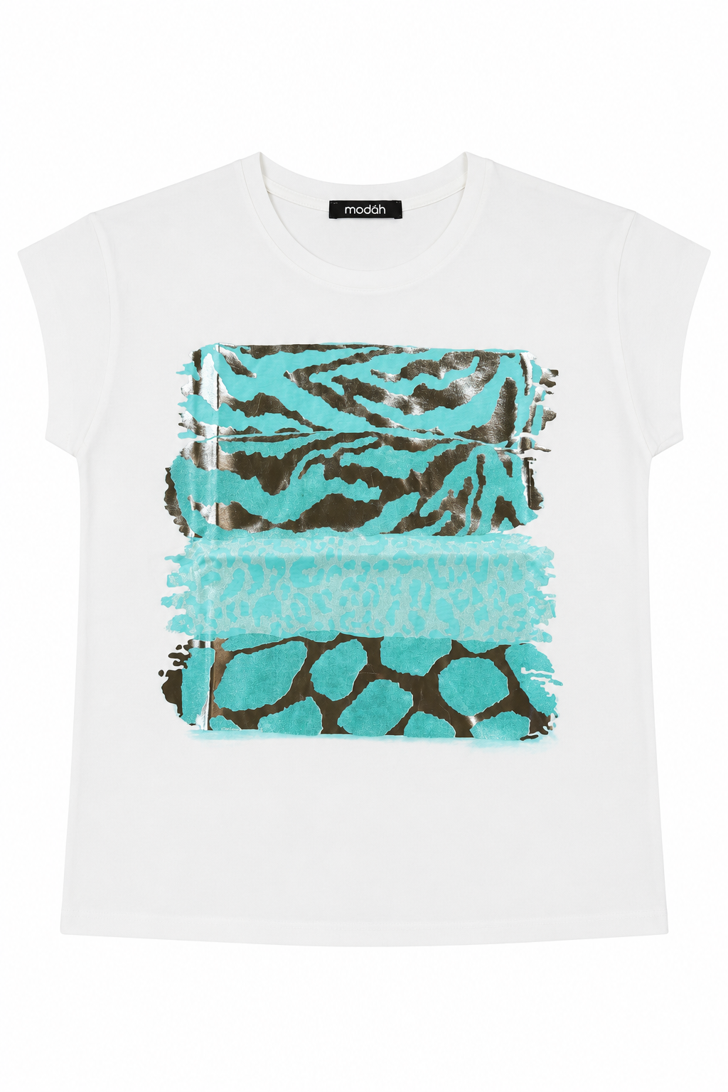 T-shirt con Mix di Stampe Animalier e Foil Argento