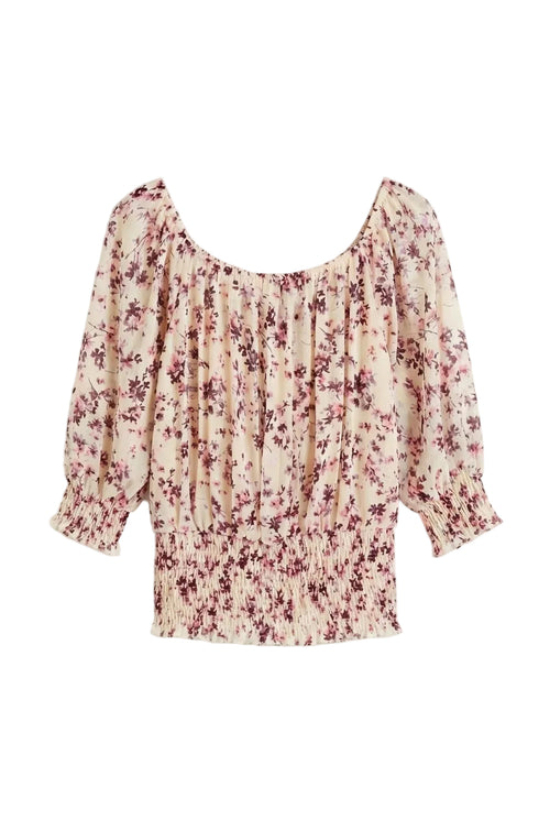 Blusa Arricciata a Fiori con Scollo a Barca Rosa