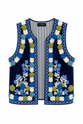 Gilet Ricamato in Stile Folk - Blu