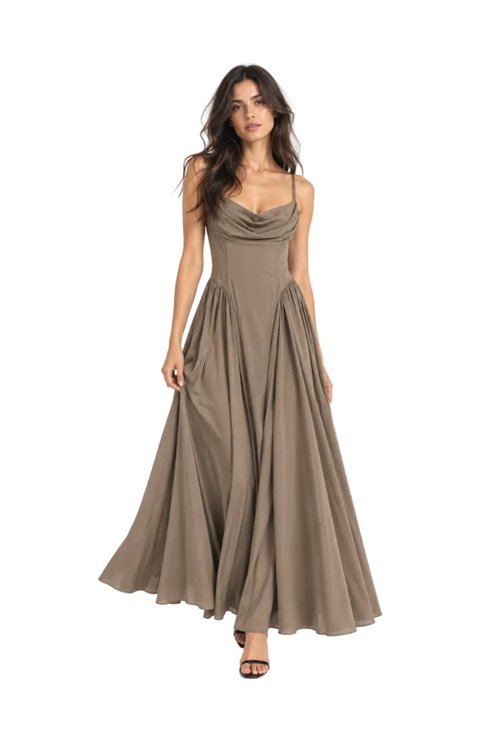 Abito Lungo Elegante Drappeggiato con Corsetto FANGO