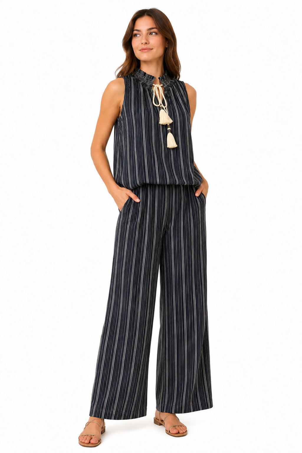 Top a Righe Misto Lino con Collo Arricciato