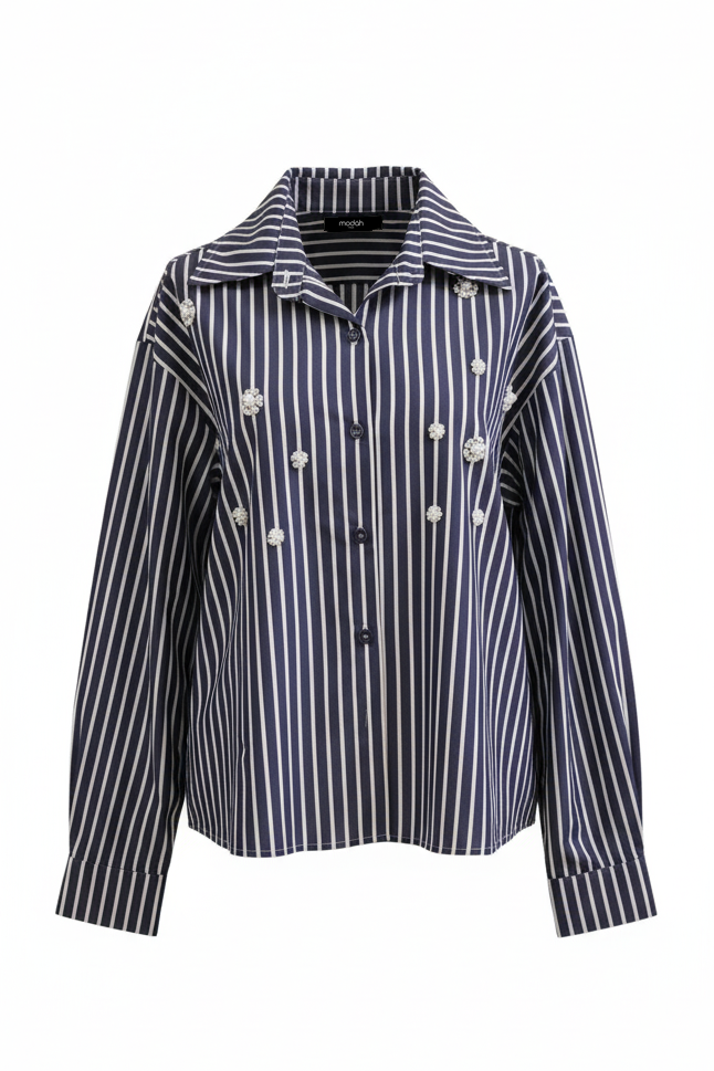 STRIPED CROP SHIRT WITH FLORAL APPLICATIONS