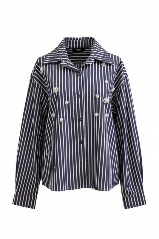 CAMICIA A RIGHE CROP CON APPLICAZIONI FLOREALI