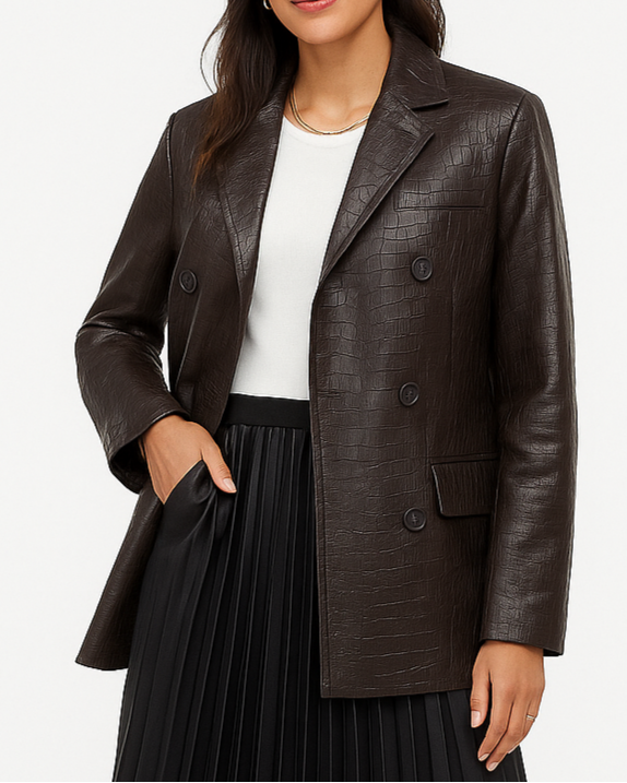 DOUBLE-BREASTED BLAZER IN ANIMAL PRINT ECO-LEATHER 