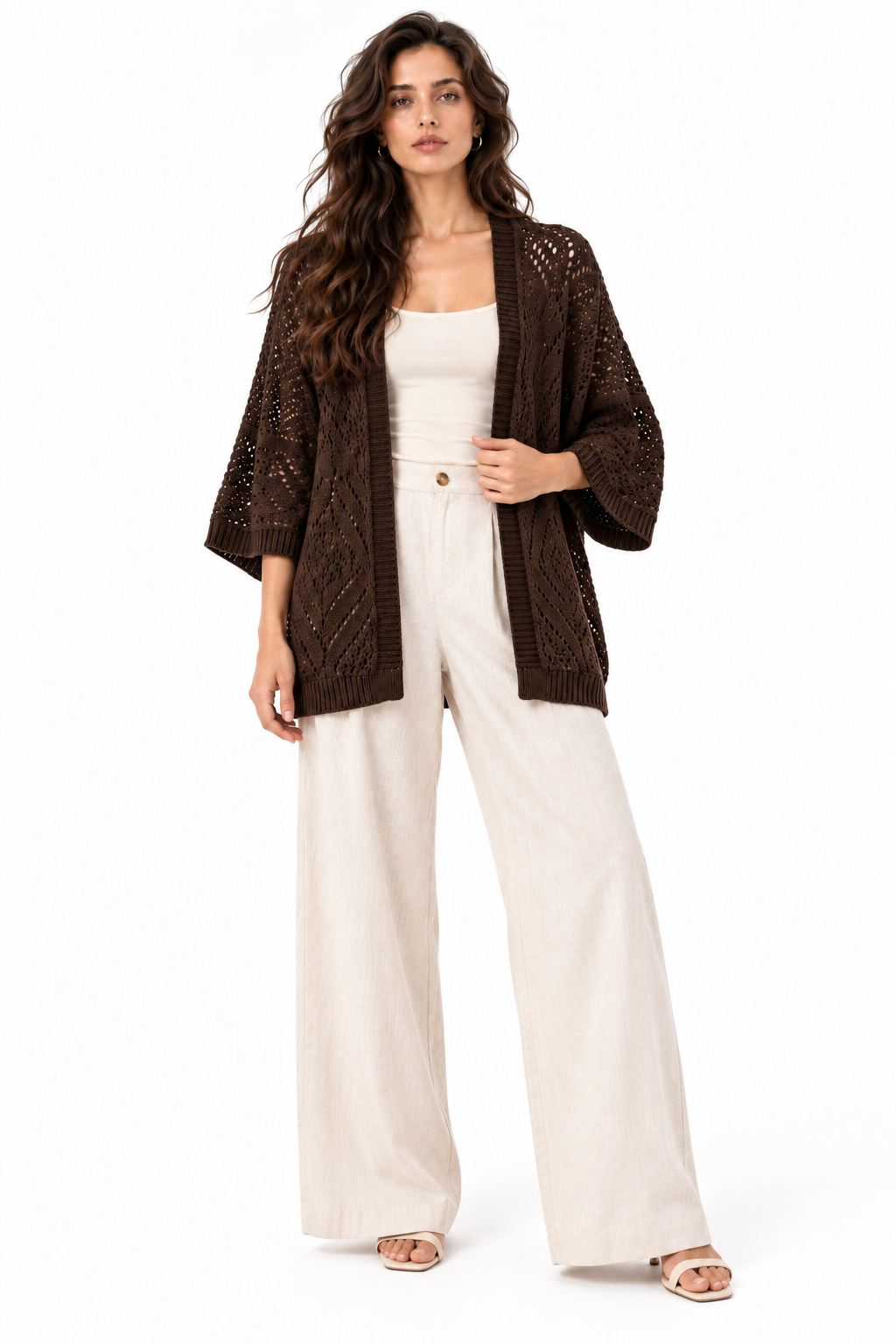 Cardigan Stile Kimono in Maglia Traforata