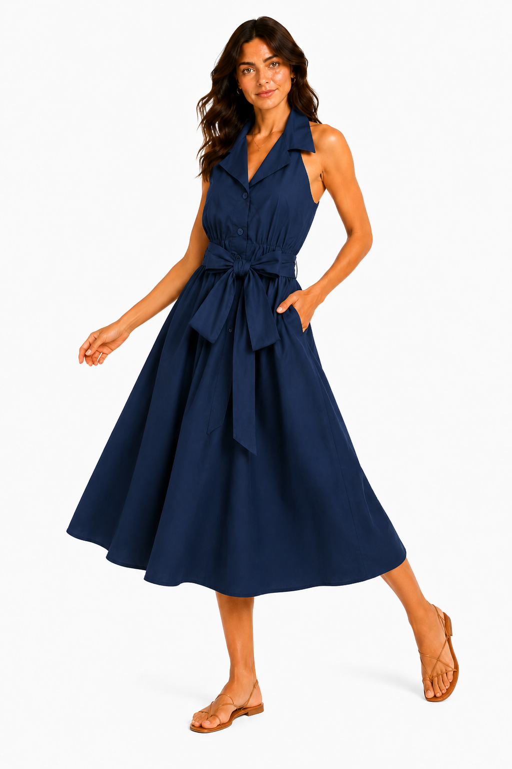 Abito Midi Halter con Colletto e Cintura