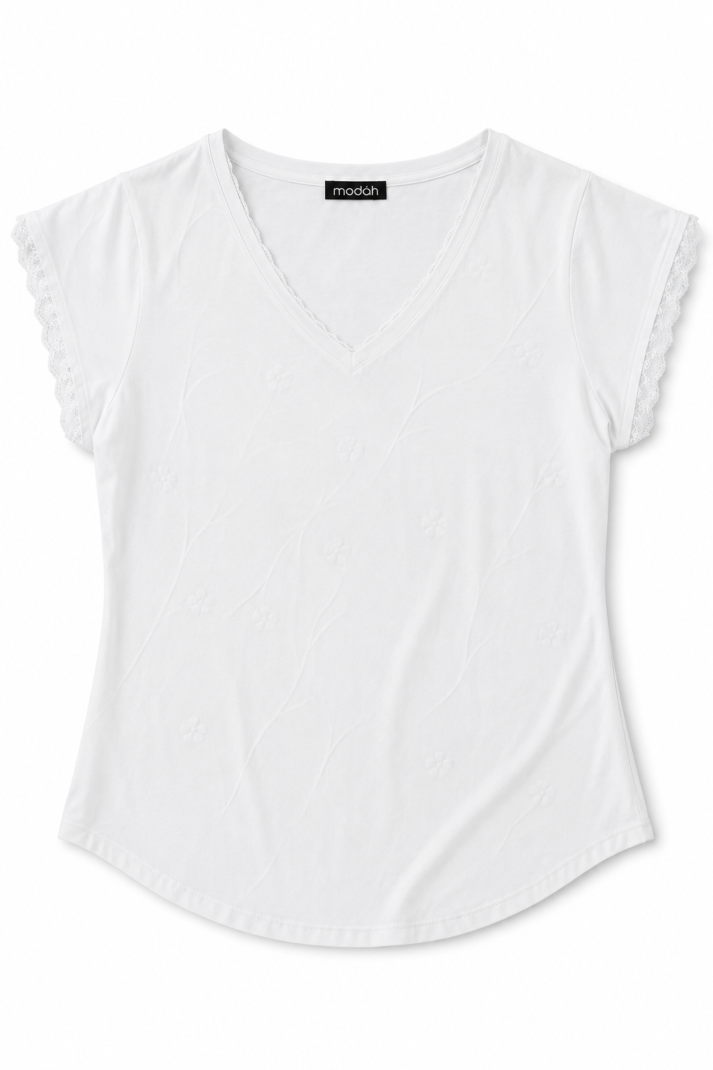 T-Shirt Scollo a V con Dettagli in Pizzo