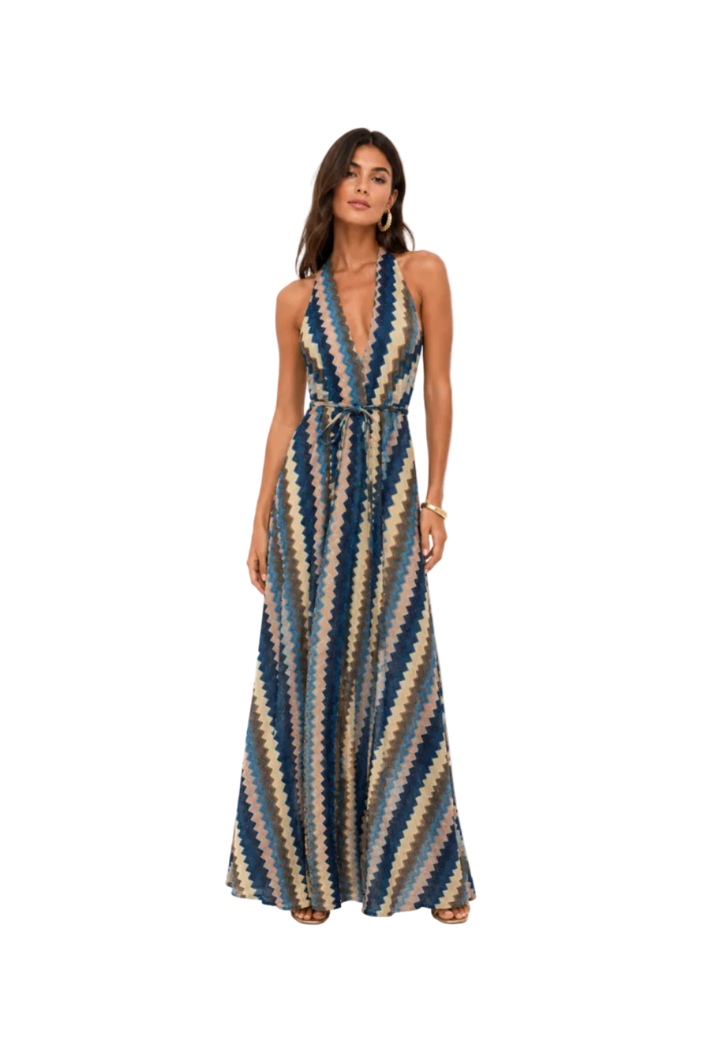 Abito Maxi Halter con Motivo Zigzag Blu