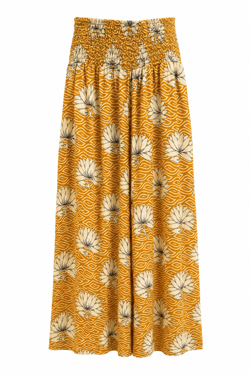 Pantalone Senape con Motivo Etnico e Fiori di Loto