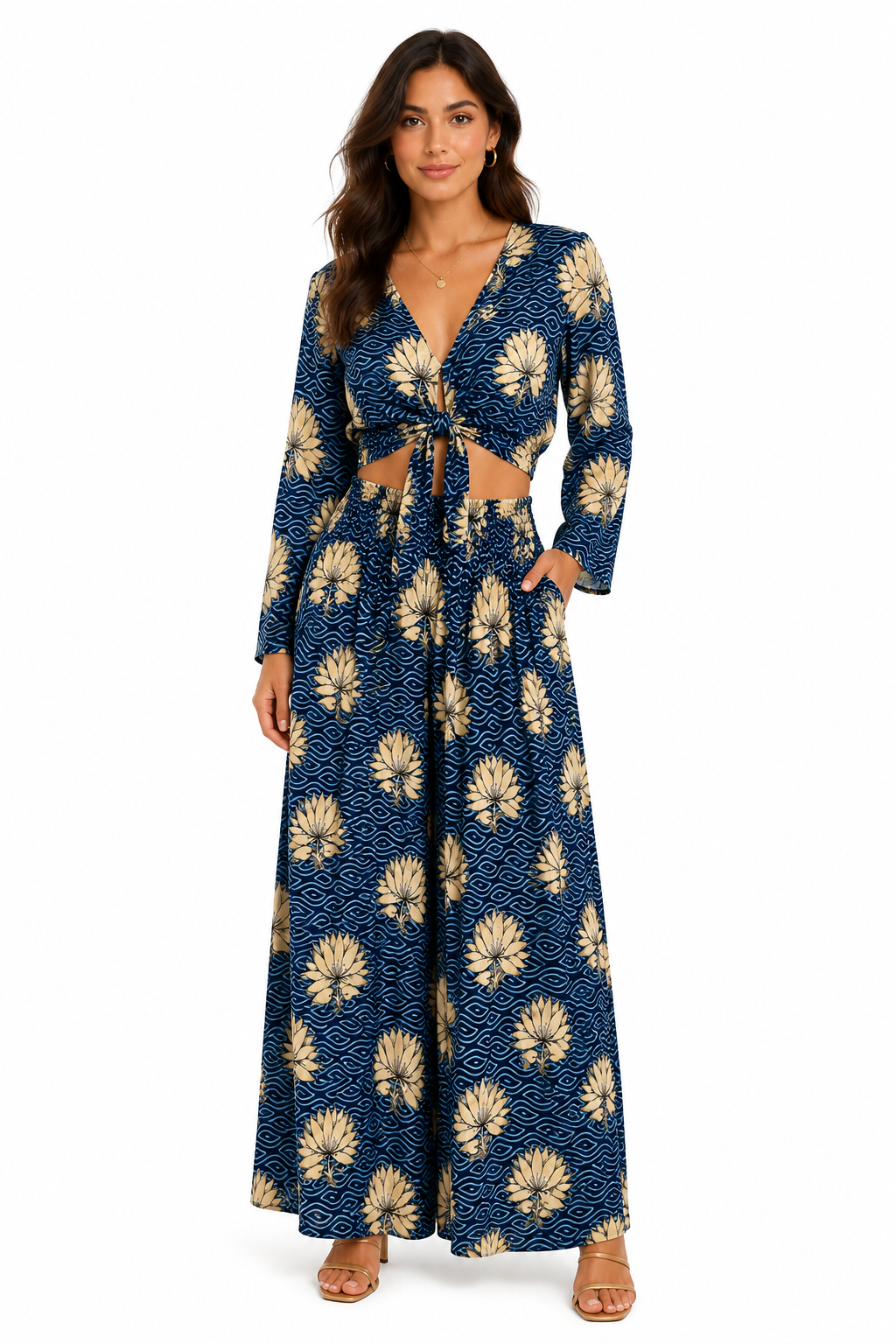 Pantalone Senape con Motivo Etnico e Fiori di Loto