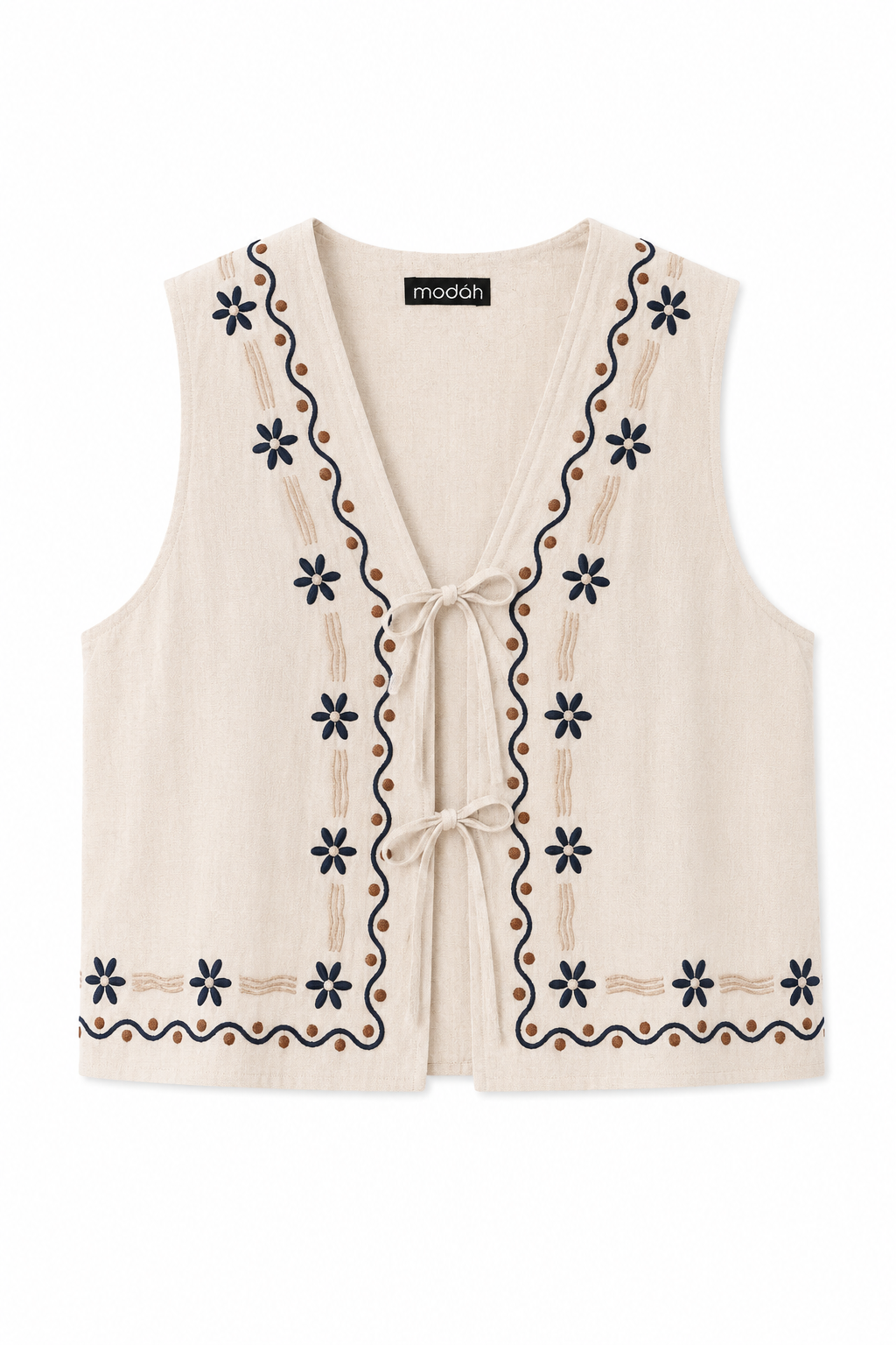 Gilet in Cotone Ricamato con Laccetti Beige