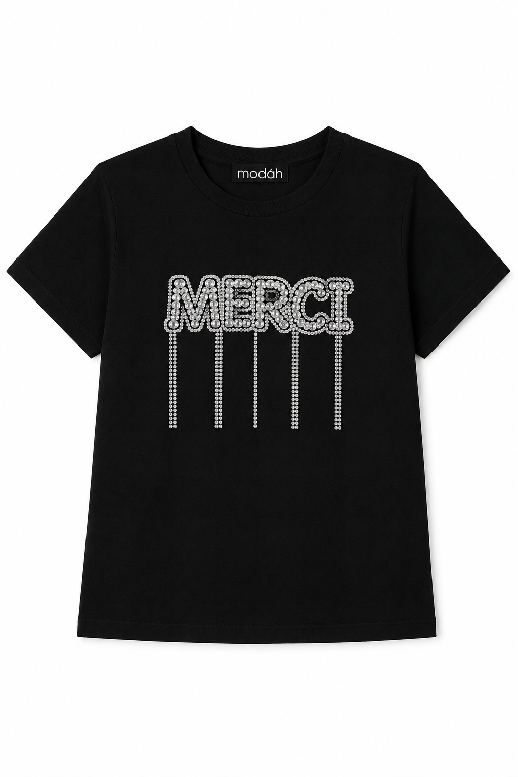 T-shirt Nera "MERCI" con Strass e Frange Pendenti
