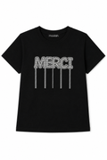 T-shirt Nera "MERCI" con Strass e Frange Pendenti