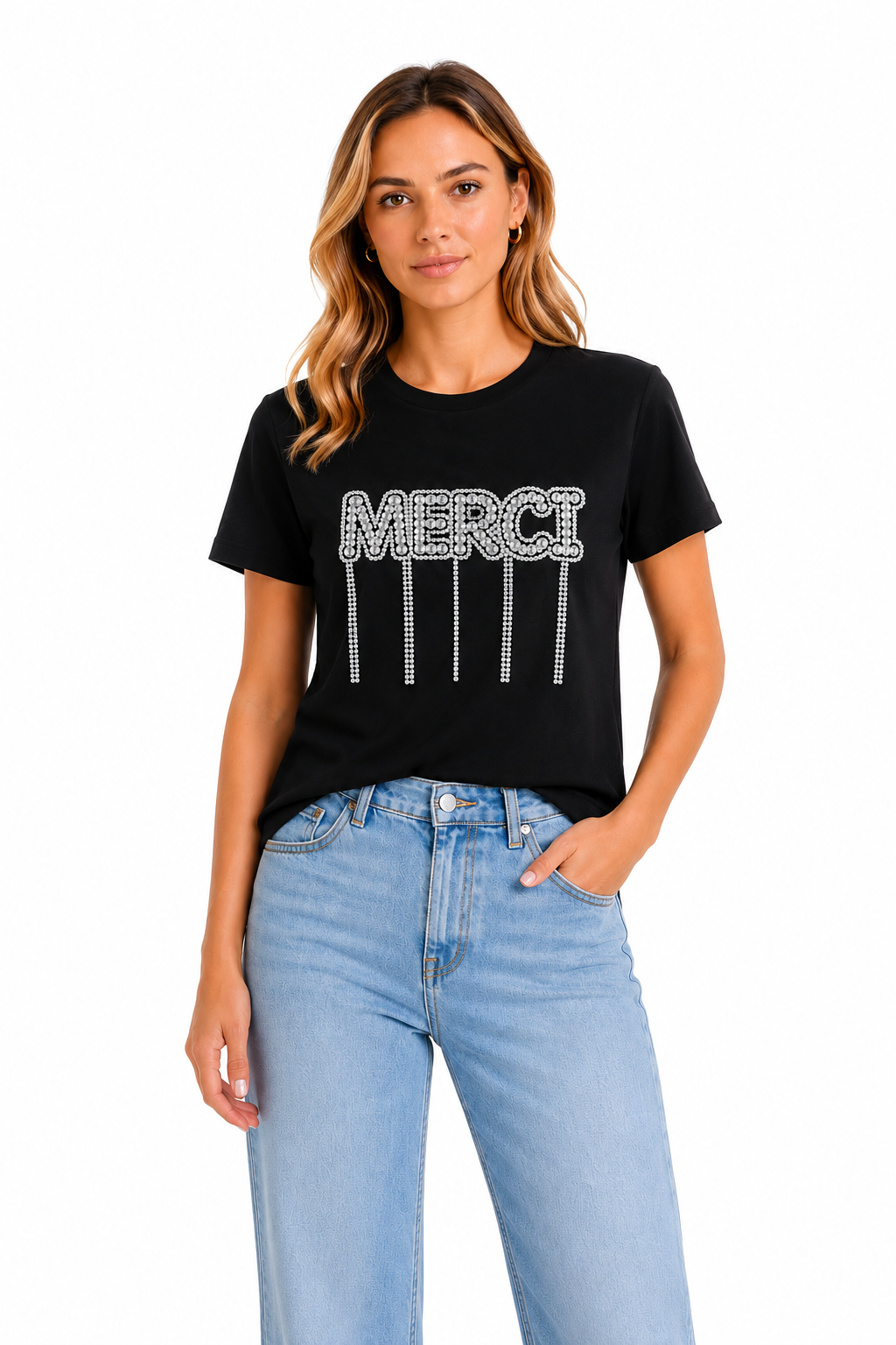 T-shirt Nera "MERCI" con Strass e Frange Pendenti