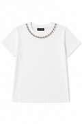 T-shirt Bianca in Cotone con Dettaglio Collana di Sfere Metalliche