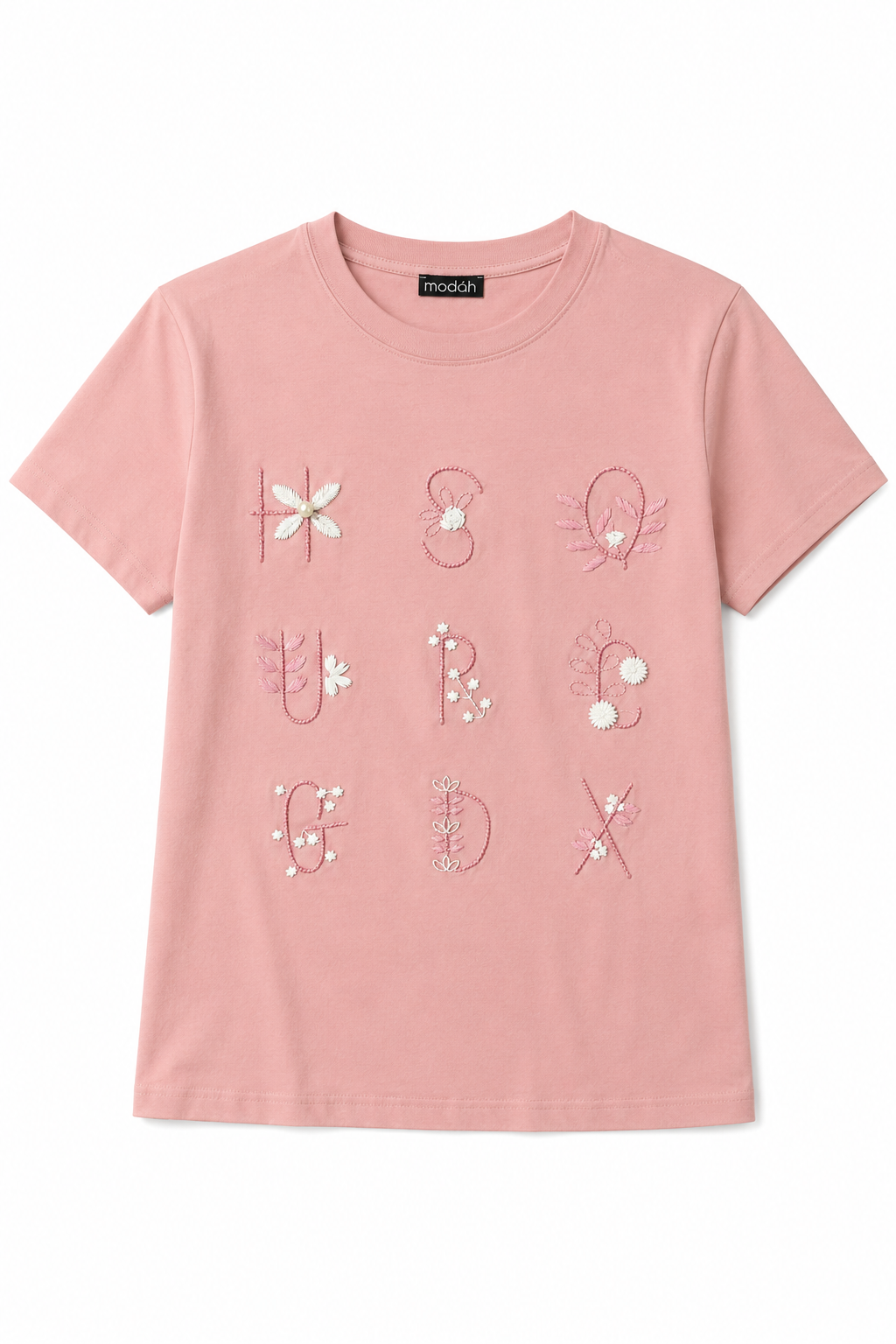 T-shirt Rosa Antico con Ricami Floreali S M