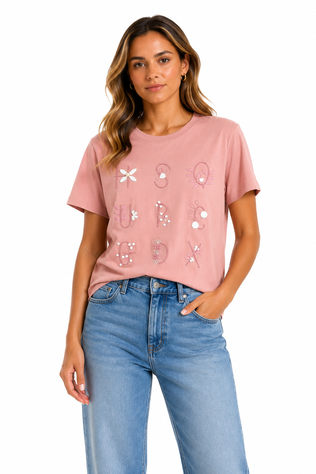 T-shirt Rosa Antico con Ricami Floreali L XL