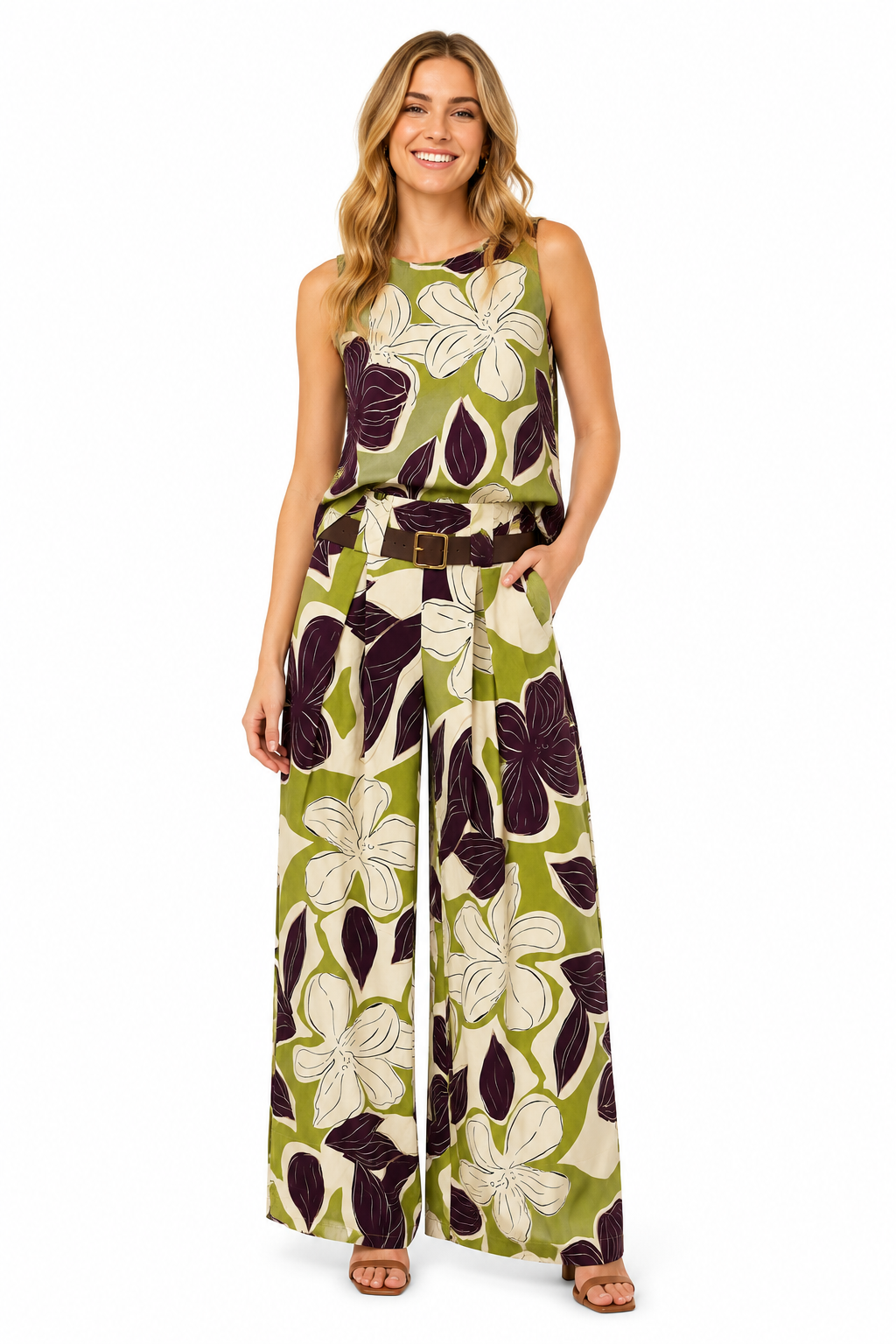 Top Smanicato Floral Bloom in Cotone Verde