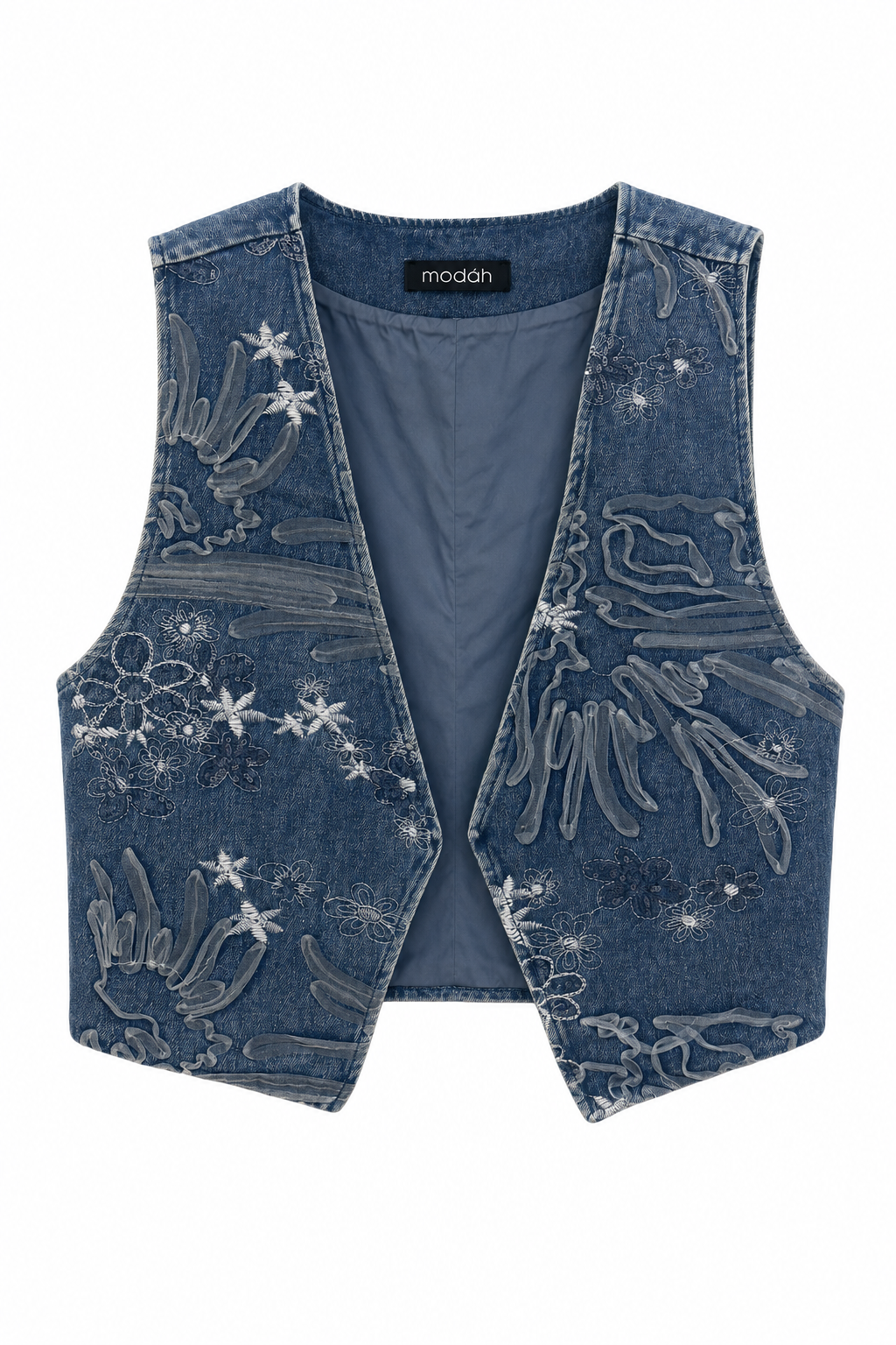 Gilet in Denim Ricamato con Ricamo e Appliqué