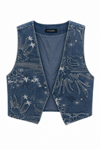 Gilet in Denim Ricamato con Ricamo e Appliqué