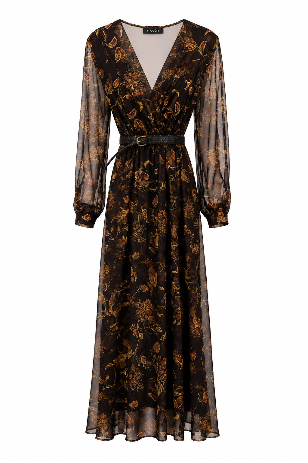 Abito Lungo in Chiffon Floreale Scuro con Cintura