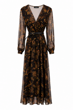 Abito Lungo in Chiffon Floreale Scuro con Cintura