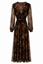 Abito Lungo in Chiffon Floreale Scuro con Cintura